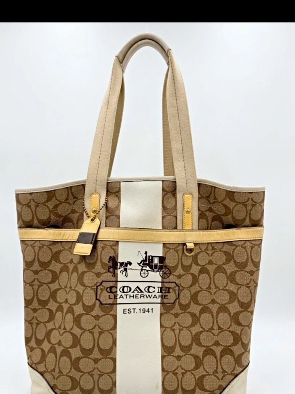 Coach Signature Canvas Tote Bag Yellow Trim Zip Closure